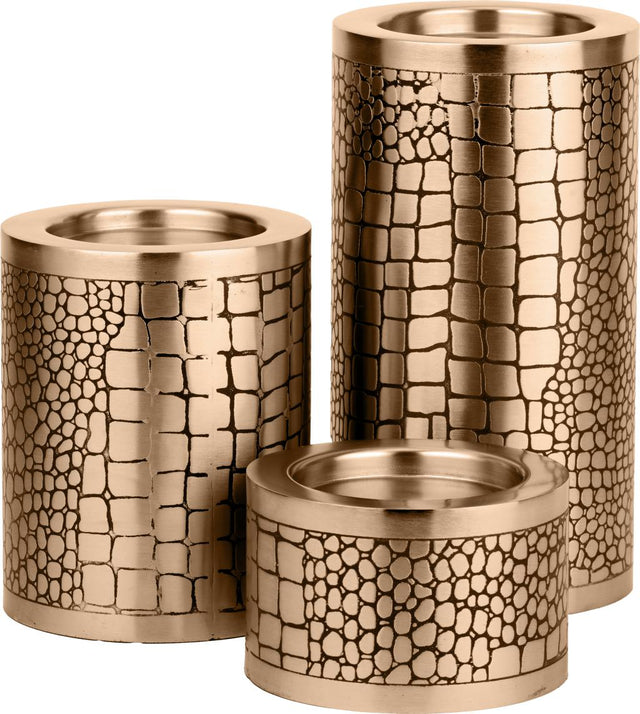 S/3 Antique Brass Croc Print Metal Pillar Candle Holders
