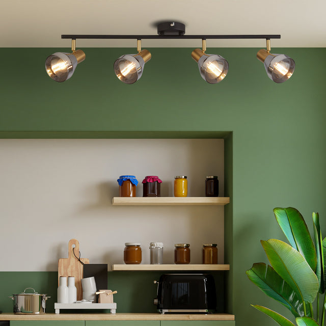 Westminster 4Lt Spot-Black, Satin Brass Metal & Smoked Glass