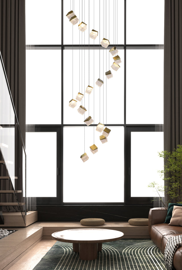 Cuboid 20Lt LED Multi Drop Pendant, Satin Brass Metal with C