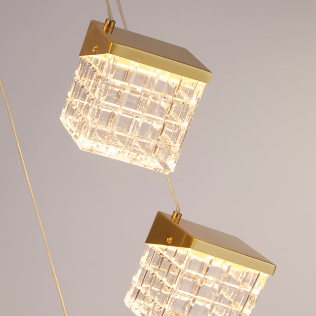 Cuboid 5Lt LED Multi Drop Pendant, Satin Brass Metal with Cl