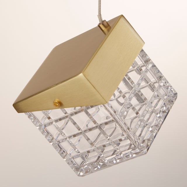 Cuboid LED Pendant, Satin Brass Metal with Clear Acrylic