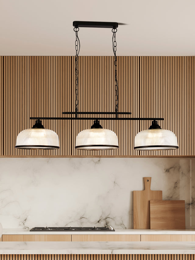 Highworth 3Lt Pendant - Black Metal & Holophane Style Glass