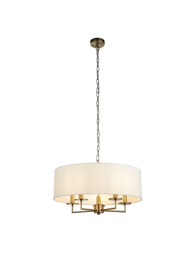 Knightsbridge 5Lt Pendant- Antique Brass & White Linen Shade