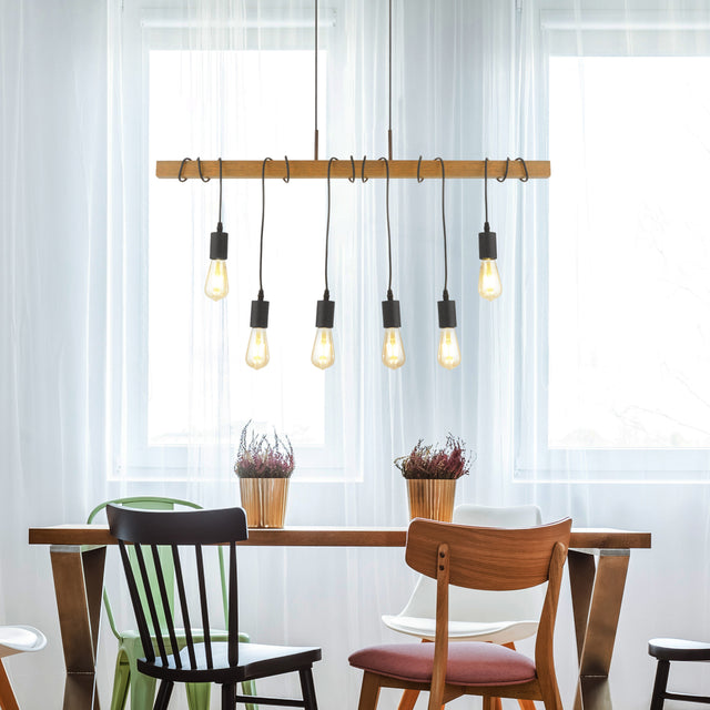 Barn 6Lt Pendant - Black Metal & Wood
