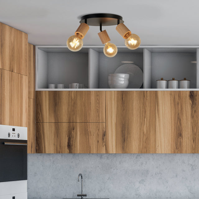 Spinny 3Lt Round Spotlight - Wood & Matt Black Metal