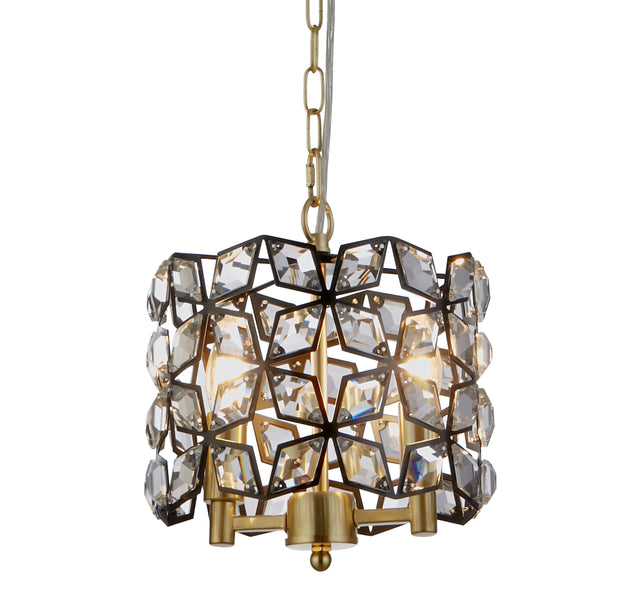 Iris 2Lt 25cm Round Pendant- Black Metal, Crystal & Brass
