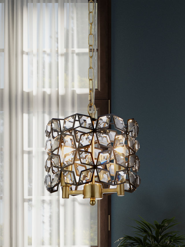 Iris 2Lt 25cm Round Pendant- Black Metal, Crystal & Brass