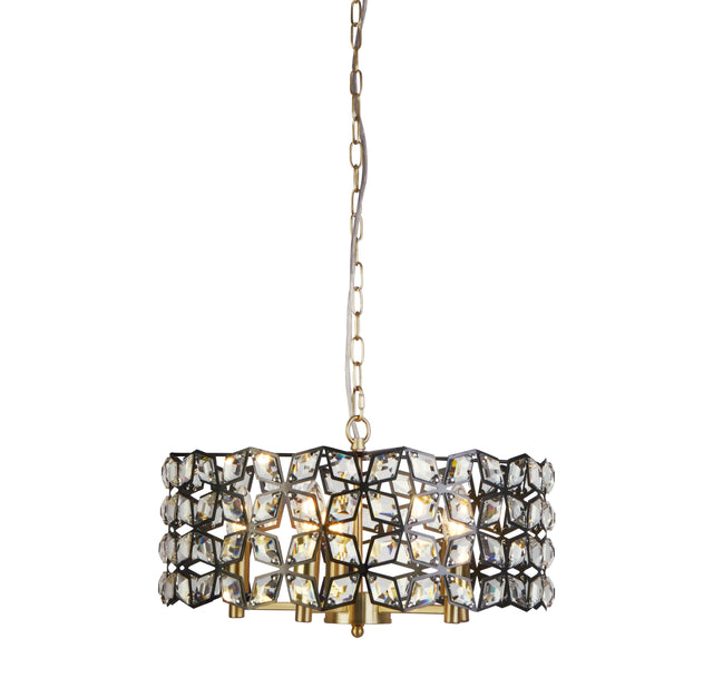 Iris 5Lt 48cm Round Pendant - Black Metal, Crystal & Brass
