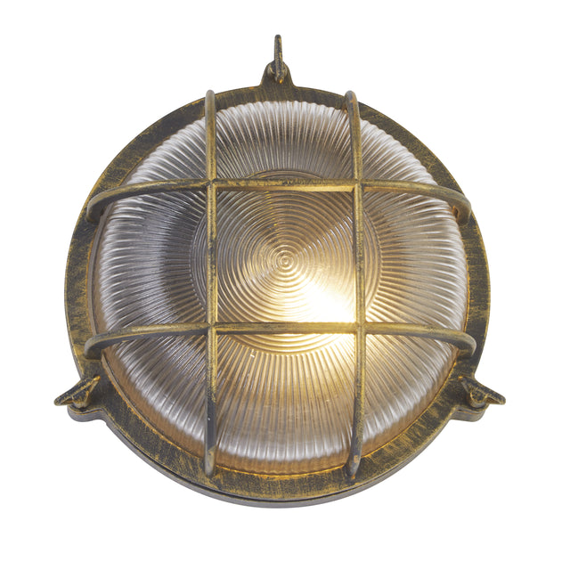 Bulkhead Round Outdoor Light -Black Gold Metal & Clear Glass