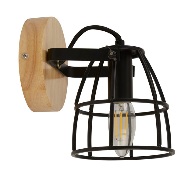 Vision Round Wall Light - Matt Black Metal & Wood