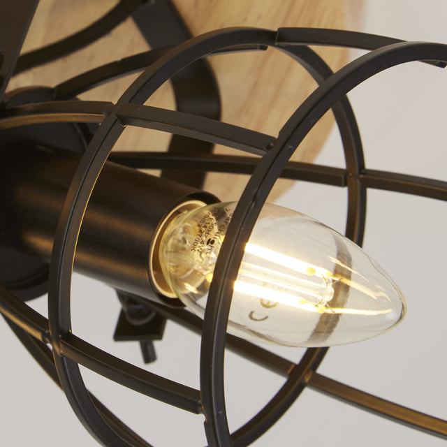 Vision 3Lt Round Ceiling Light - Matt Black Metal & Wood
