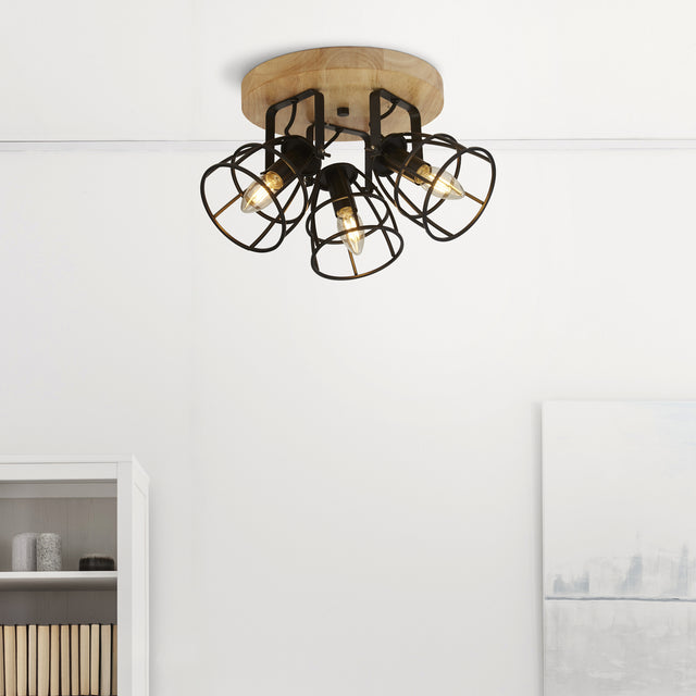 Vision 3Lt Round Ceiling Light - Matt Black Metal & Wood