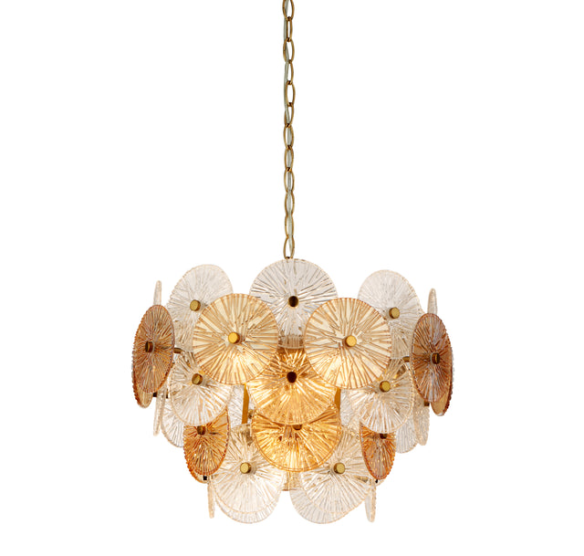 Wagon Wheel 5Lt Pendant - Bronze Metal & Clear & Amber Glass