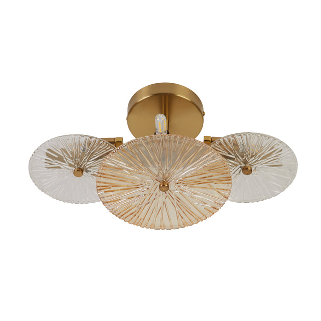 Wagon Wheel 6Lt Wall/Flush- Bronze Metal, Clear, Amber Glass
