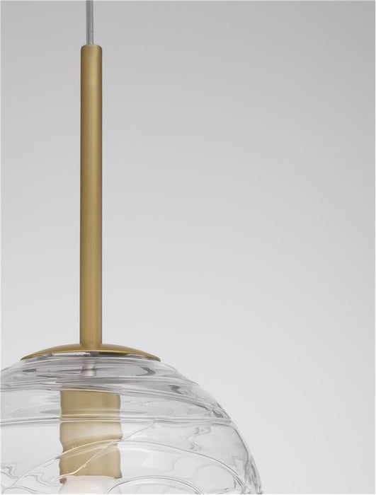 COEN Brass Gold Metal Clear Structured Glass LED E27 1x12 Watt 230 Volt IP20 Bulb Excluded D: 25 H: 200 cm Adjustable Height