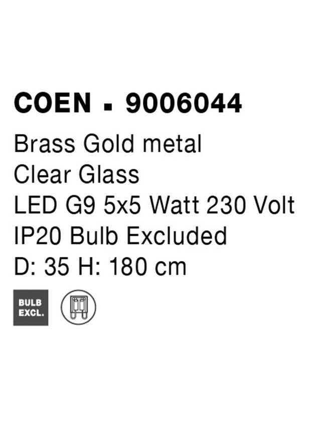 COEN Brass Gold Metal Clear Structured Glass LED G9 5x5 Watt 230 Volt IP20 Bulb Excluded D: 35 H: 180 cm Adjustable Height