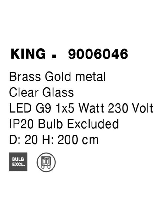 KING Brass Gold Metal Blown Clear Glass LED G9 1x5 Watt 230 Volt IP20 Bulb Excluded D: 20 H: 200 cm Adjustable Height