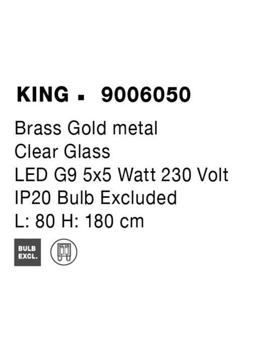 KING Brass Gold Metal Blown Clear Glass LED G9 5x5 Watt 230 Volt IP20 Bulb Excluded L: 80 W: 16 H: 180 cm Adjustable Height