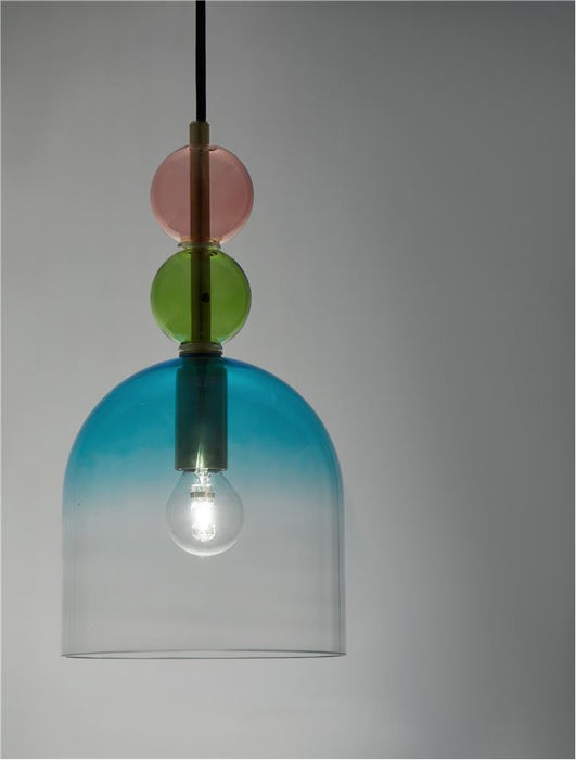 MURANO Sandy Gold Metal Glossy Light Green, Blue & Pink Glass LED E14 1x5 Watt 230 Volt IP20 Bulb Excluded D: 16 H1: 30.4 H2: 184.5 cm Adjustable height