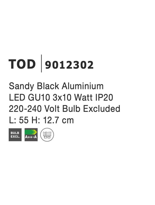 TOD Sandy Black Aluminium LED GU10 3x10 Watt 220-240 Volt IP20 Bulb Excluded L: 55 W: 6 H: 12.7 cm Rotating & Adjustable