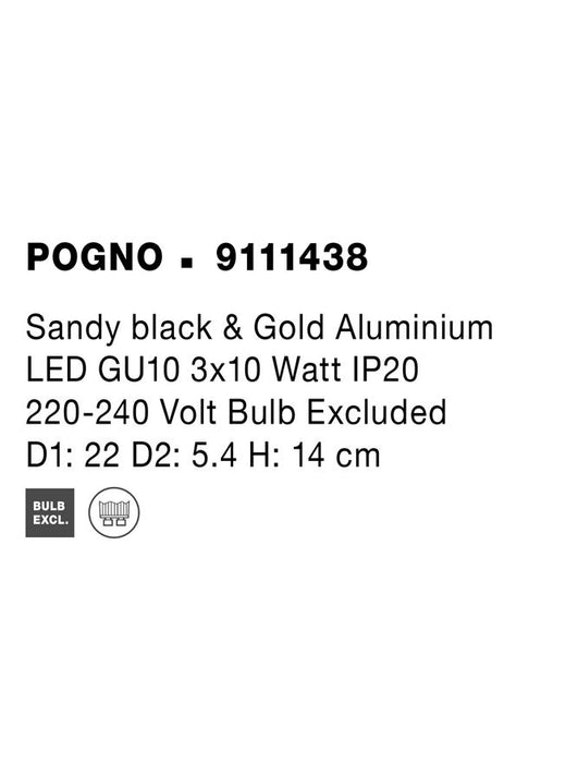 POGNO Sandy Black & Gold Aluminium LED GU10 3x10 Watt 220-240 Volt IP20 Bulb Excluded D: 22 H: 14 cm Rotating & Adjustable