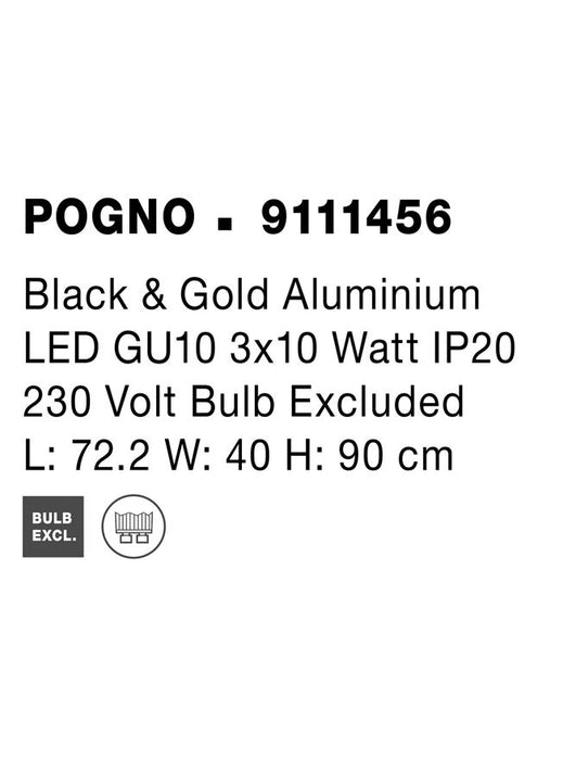POGNO Black & Gold Aluminium LED GU10 3x10 Watt 230 Volt IP20 Bulb Excluded L: 72.5 H: 90 cm