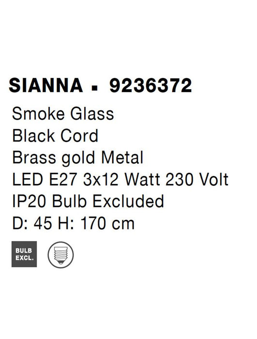 SIANNA Smoky Glass Brass Gold Metal LED E27 3x12 Watt 230 Volt IP20 Bulb Excluded D: 45 H: 170 cm Adjustable height