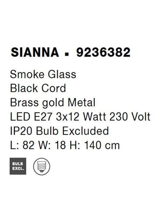 SIANNA Smoky Glass Brass Gold Metal LED E27 3x12 Watt 230 Volt IP20 Bulb Excluded L: 82 W: 18 H: 140 cm Adjustable height