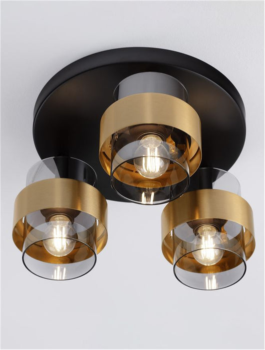 SIANNA Smoky Glass Brass Gold Metal LED E27 3x12 Watt 230 Volt IP20 Bulb Excluded D: 37 H: 20 cm
