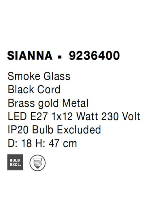 SIANNA Smoky Glass Brass Gold Metal LED E27 1x12 Watt 230 Volt IP20 Bulb Excluded Cable Length: 165 cm D: 18 H: 47 cm