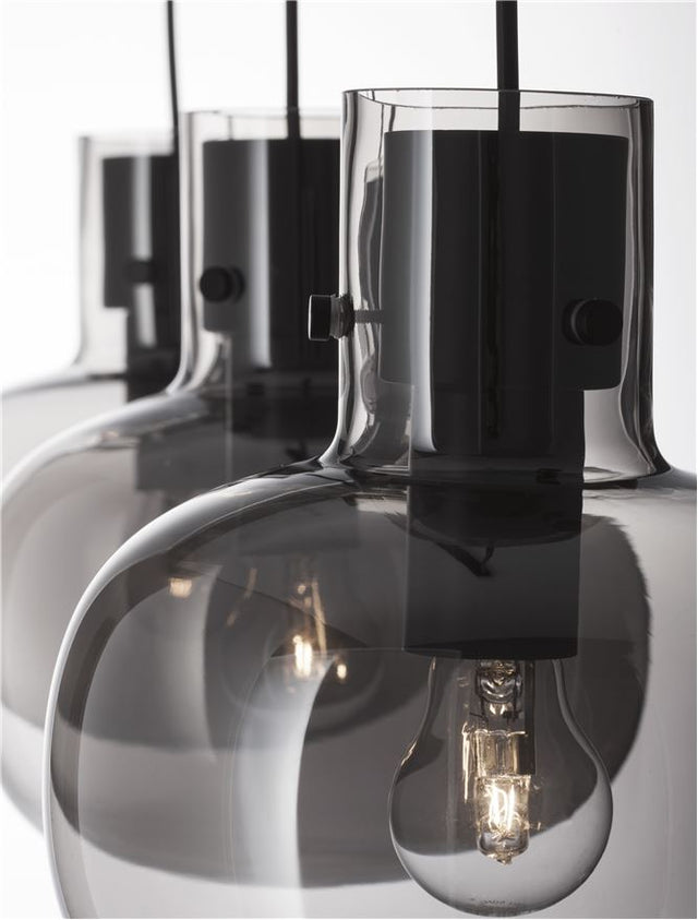 CINZIA Smoky Glass Black Cord Black Metal Base LED E27 3x12 Watt 230 Volt IP20 Bulb Excluded L: 86 H1: 25 H2: 175 cm Adjustable Height
