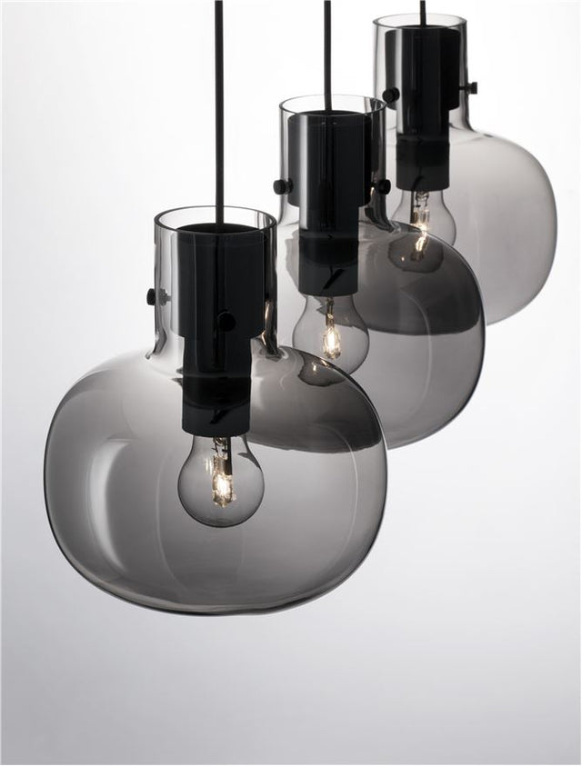 CINZIA Smoky Glass Black Cord Black Metal Base LED E27 3x12 Watt 230 Volt IP20 Bulb Excluded L: 86 H1: 25 H2: 175 cm Adjustable Height
