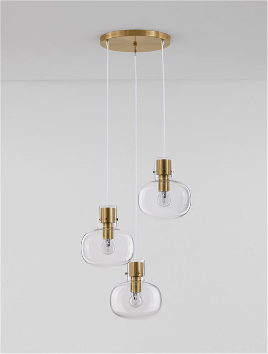 CINZIA Clear Glass White Cord Brass Gold Metal LED E27 3x12 Watt 230 Volt IP20 Bulb Excluded D: 30 H: 178 cm Adjustable Height