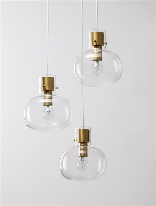 CINZIA Clear Glass White Cord Brass Gold Metal LED E27 3x12 Watt 230 Volt IP20 Bulb Excluded D: 30 H: 178 cm Adjustable Height