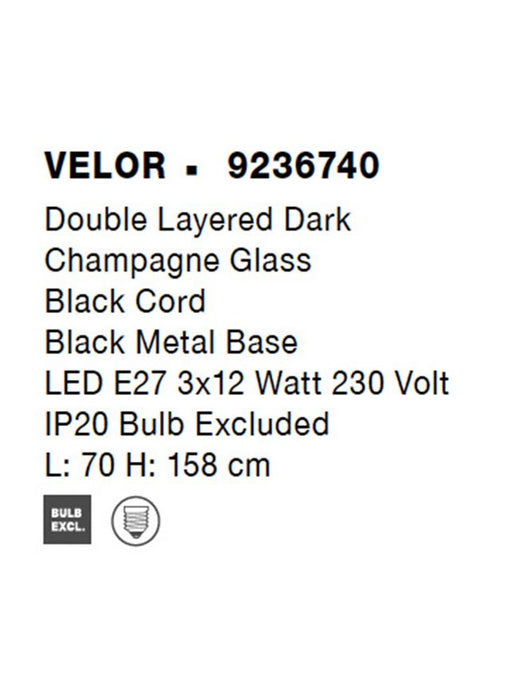 VELOR Double Layered Dark Champagne Glass Black Cord Black Metal Base LED E27 3x12 Watt 230 Volt IP20 Bulb Excluded L: 70 W:18 H: 158 cm Adjustable height