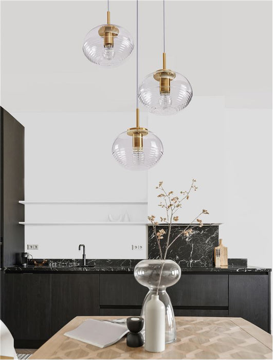 MAEVE Clear Glass & Brass Gold Metal White Cord LED E27 3x12 Watt 230 Volt IP20 Bulb Excluded D: 30 H: 180 cm Adjustable height