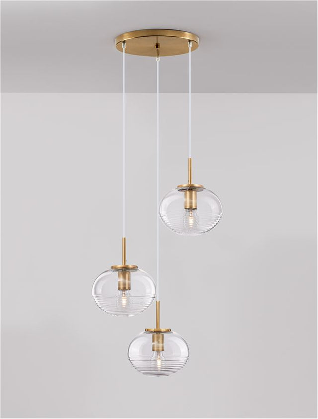 MAEVE Clear Glass & Brass Gold Metal White Cord LED E27 3x12 Watt 230 Volt IP20 Bulb Excluded D: 30 H: 180 cm Adjustable height