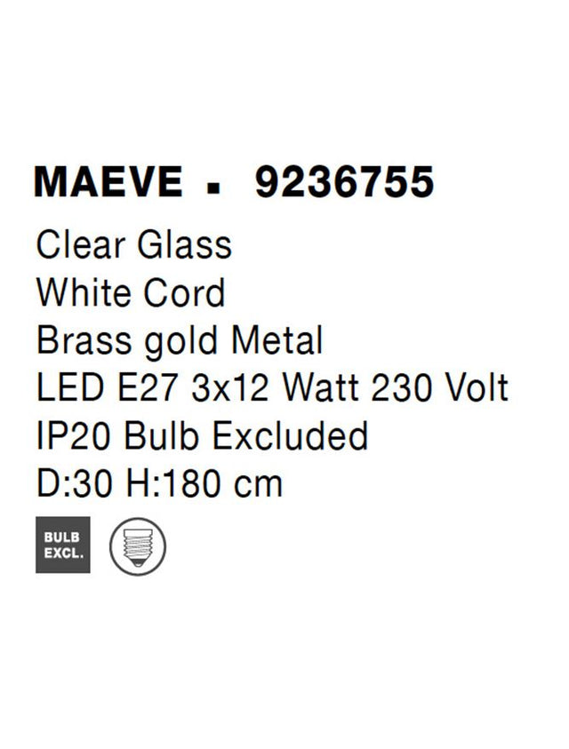 MAEVE Clear Glass & Brass Gold Metal White Cord LED E27 3x12 Watt 230 Volt IP20 Bulb Excluded D: 30 H: 180 cm Adjustable height