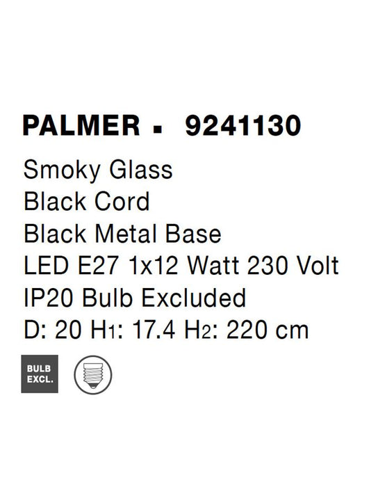 PALMER Smoky Glass Black Cord Black Metal Base LED E27 1x12 Watt 230 Volt IP20 Bulb Excluded D: 20 H1: 17.4 H2: 220 cm Adjustable height
