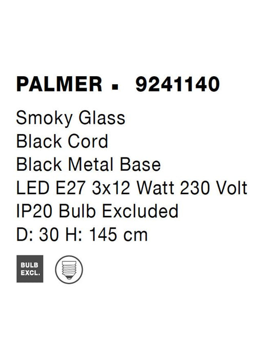 PALMER Smoky Glass Black Cord Black Metal Base LED E27 3x12 Watt 230 Volt IP20 Bulb Excluded D: 30 H: 145 cm Adjustable height