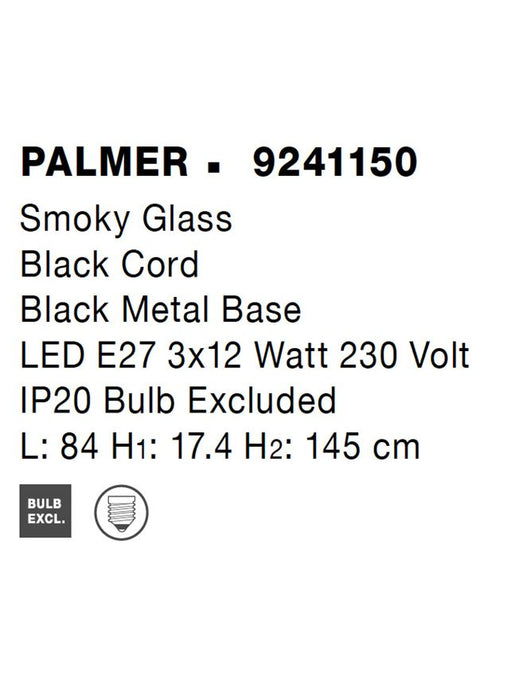 PALMER Smoky Glass Black Cord Black Metal Base LED E27 3x12 Watt 230 Volt IP20 Bulb Excluded L: 84 H 1: 17.4 H 2: 145 cm Adjustable height
