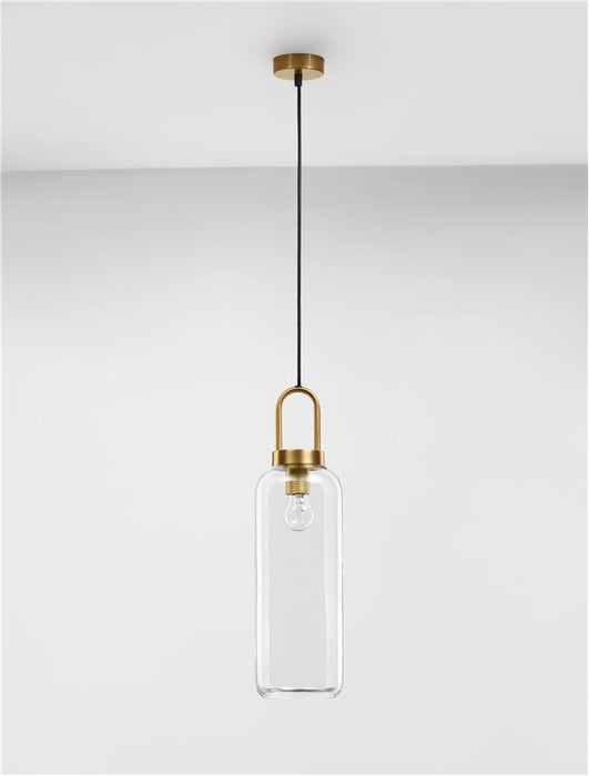 IRVINE Clear Glass Black Cord Brass Gold Metal LED E27 1x12 Watt 230 Volt IP20 Bulb Excluded D: 15.5 H1: 53 H2: 255 cm Adjustable Height