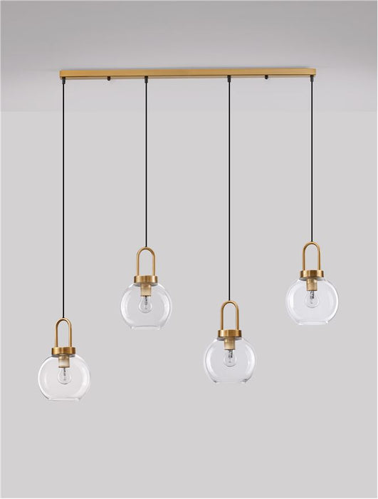 IRVINE Clear Glass Black Cord Brass Gold Metal LED E27 4x12 Watt 230 Volt IP20 Bulb Excluded 16.9 L: 97.5 H1: 30.3 H2: 155 cm Adjustable Height