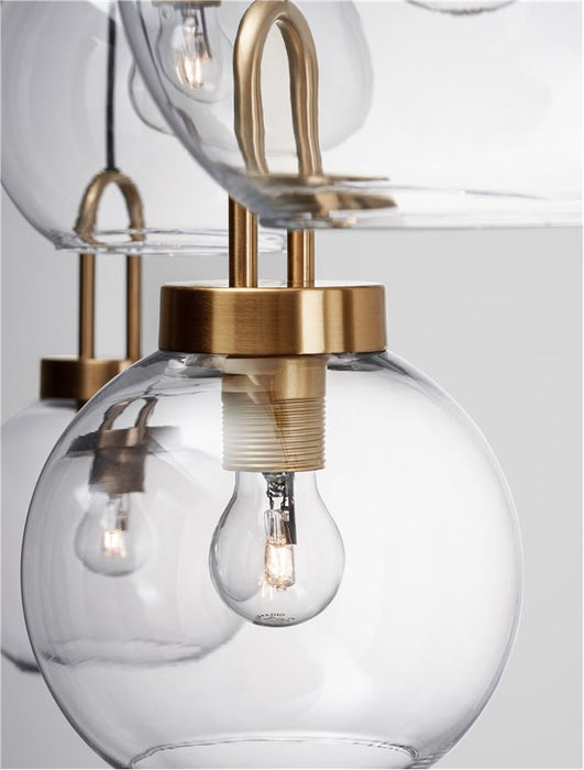 IRVINE Clear Glass Black Cord Brass Gold Metal LED E27 4x12 Watt 230 Volt IP20 Bulb Excluded 16.9 L: 97.5 H1: 30.3 H2: 155 cm Adjustable Height