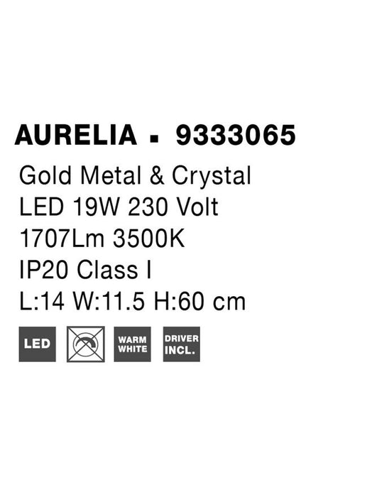 AURELIA Gold Metal & Crystal LED 19W 230 Volt 1707Lm 3500K IP20 Class I L: 14 W: 4 H: 60 cm