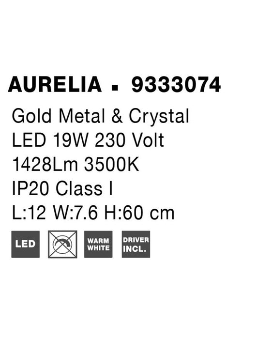 AURELIA Gold Metal & Crystal LED 19W 230 Volt 1428Lm 3500K IP20 Class I L: 7.6 W: 12 H: 60 cm