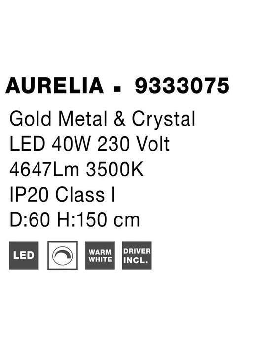 AURELIA Triac Dimmable Gold Metal & Crystal LED 41W 230 Volt 4647Lm 3500K IP20 Class I D: 60 H: 150 cm Adjustable Height