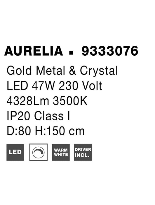AURELIA Triac Dimmable Gold Metal & Crystal LED 47W 230 Volt 4895Lm 3500K IP20 Class I D: 80 H: 150 cm Adjustable Height