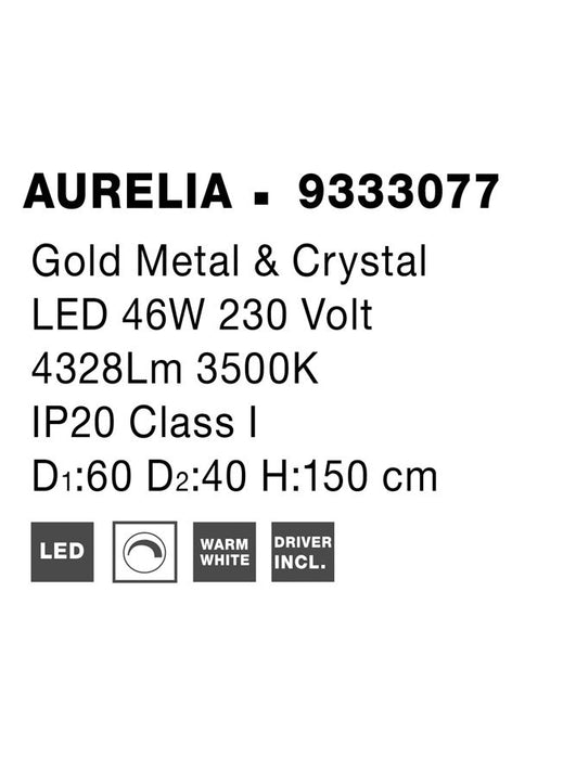 AURELIA Triac Dimmable Gold Metal & Crystal LED 46W 230 Volt 4328Lm 3500K IP20 Class I D: 60 H: 150 cm Adjustable Height & Rotating