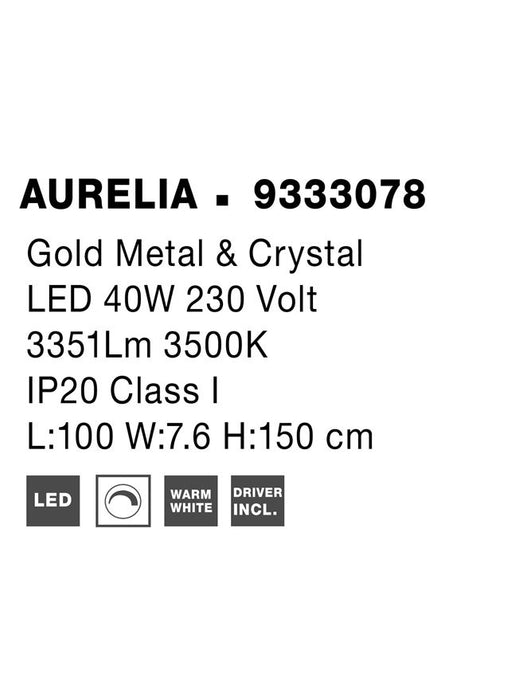AURELIA Triac Dimmable Gold Metal & Crystal LED 43W 230 Volt 3351Lm 3500K IP20 Class I L: 100 W: 7.6 H: 150 cm Adjustable Height